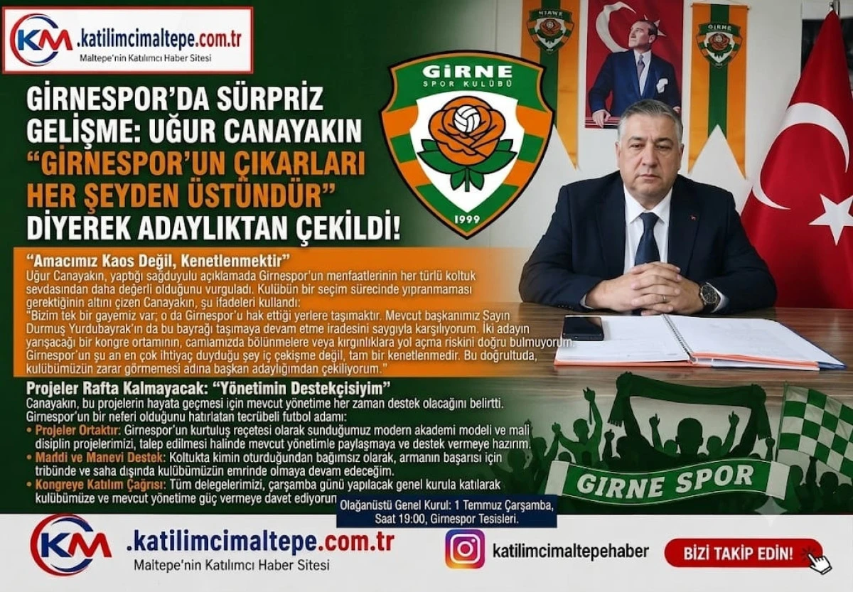 GİRNESPOR&rsquo;DA S&Uuml;RPRİZ GELİŞMEYE UĞUR CANAYAKIN GİRNESPOR&rsquo;UN &Ccedil;IKARLARI HER ŞEYDEN &Uuml;ST&Uuml;ND&Uuml;R DİYEREK ADAYLIKTAN &Ccedil;EKİLDİ!