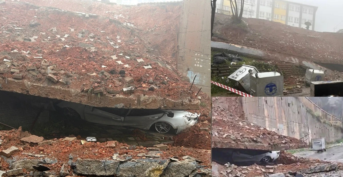 Maltepe&rsquo;de Korkutan &Ccedil;&ouml;kme Kaşgarlı Mahmut Ortaokulu&rsquo;nda İstinat Duvarı Yıkıldı